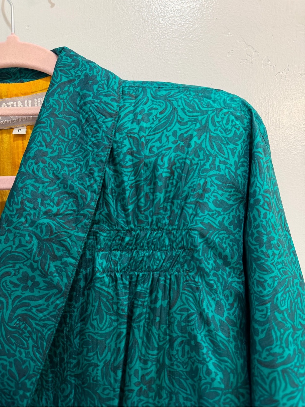 Vintage 80s Platinum by Dorothy Schoelen 100% Silk Teal Jacquard Crop Jacket S - Picture 10 of 14